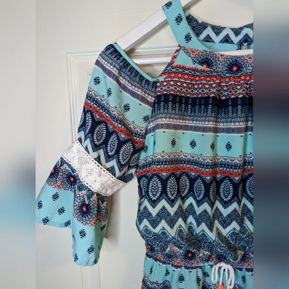 My Michelle girls blue multicolor romper open shoulders size large NWT